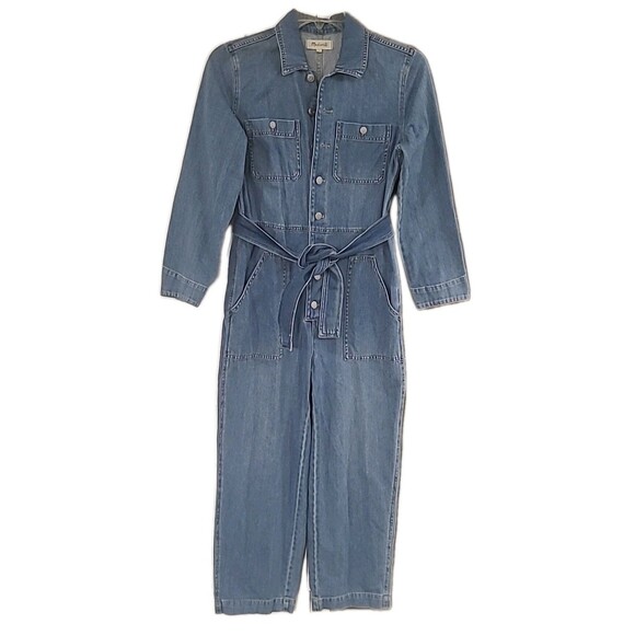 Madewell Denim Coveralls Womens M Blue Button Up LS Work Utility Boho Jumpsuit - Picture 1 of 16